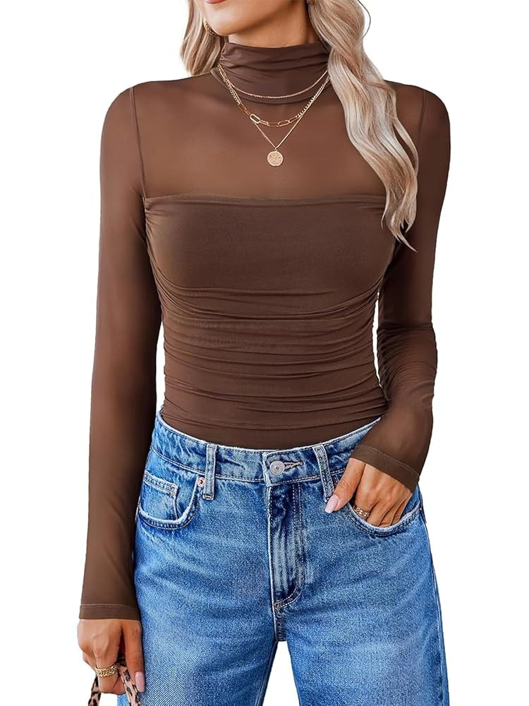 Lrady Women's Sexy High Neck Long Sleeve Tops Sheer Mesh Ruched Tshirt Going Out Shirts Blouse Da... | Amazon (US)