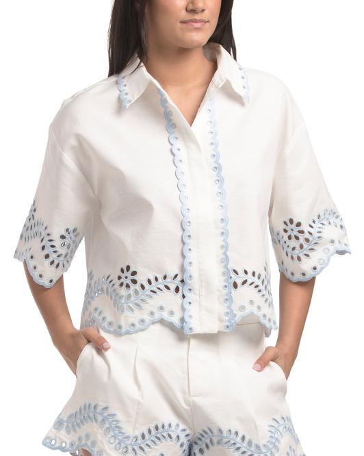 Linen Blend Eyelet Short Sleeve Button Up Top | TJ Maxx