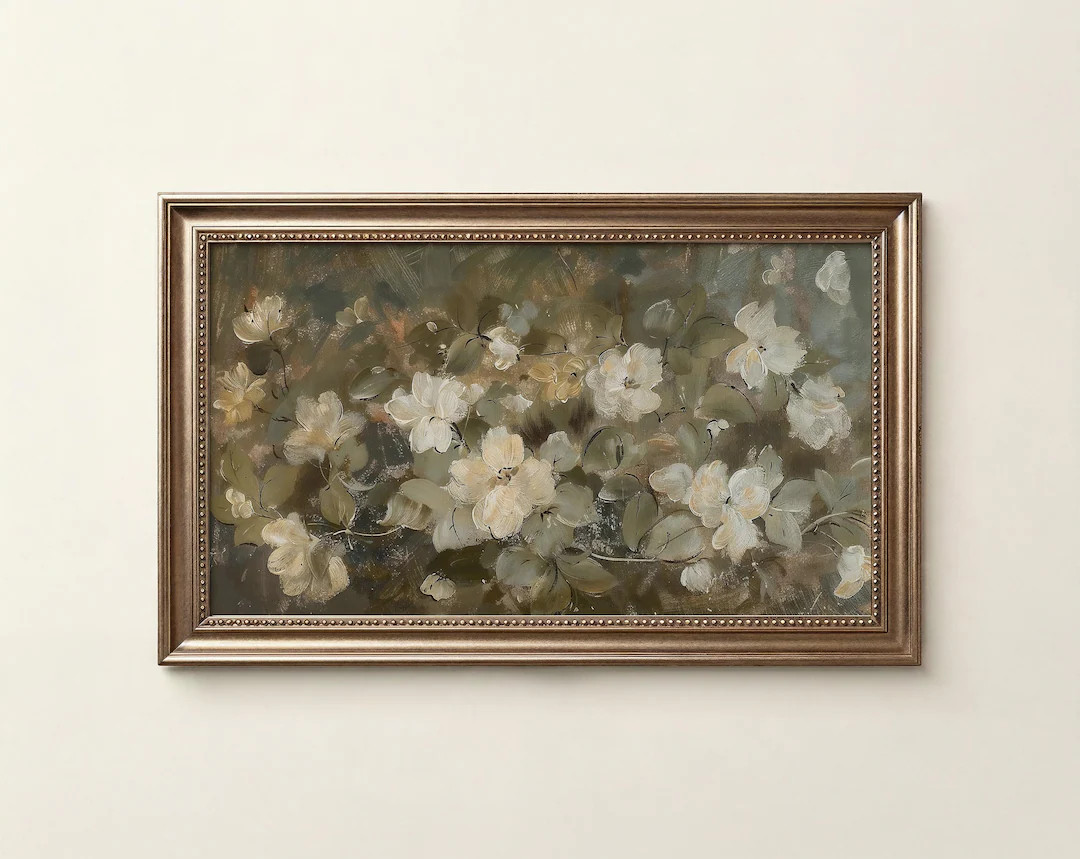 Frame TV Art Spring Floral Painting, White Moody Flowers TV Screensaver, Neutral Sage Green TV Ba... | Etsy (US)