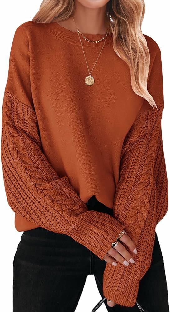 ZESICA Women's 2024 Fall Long Sleeve Crew Neck Solid Color Cable Knit Chunky Casual Oversized Pul... | Amazon (US)