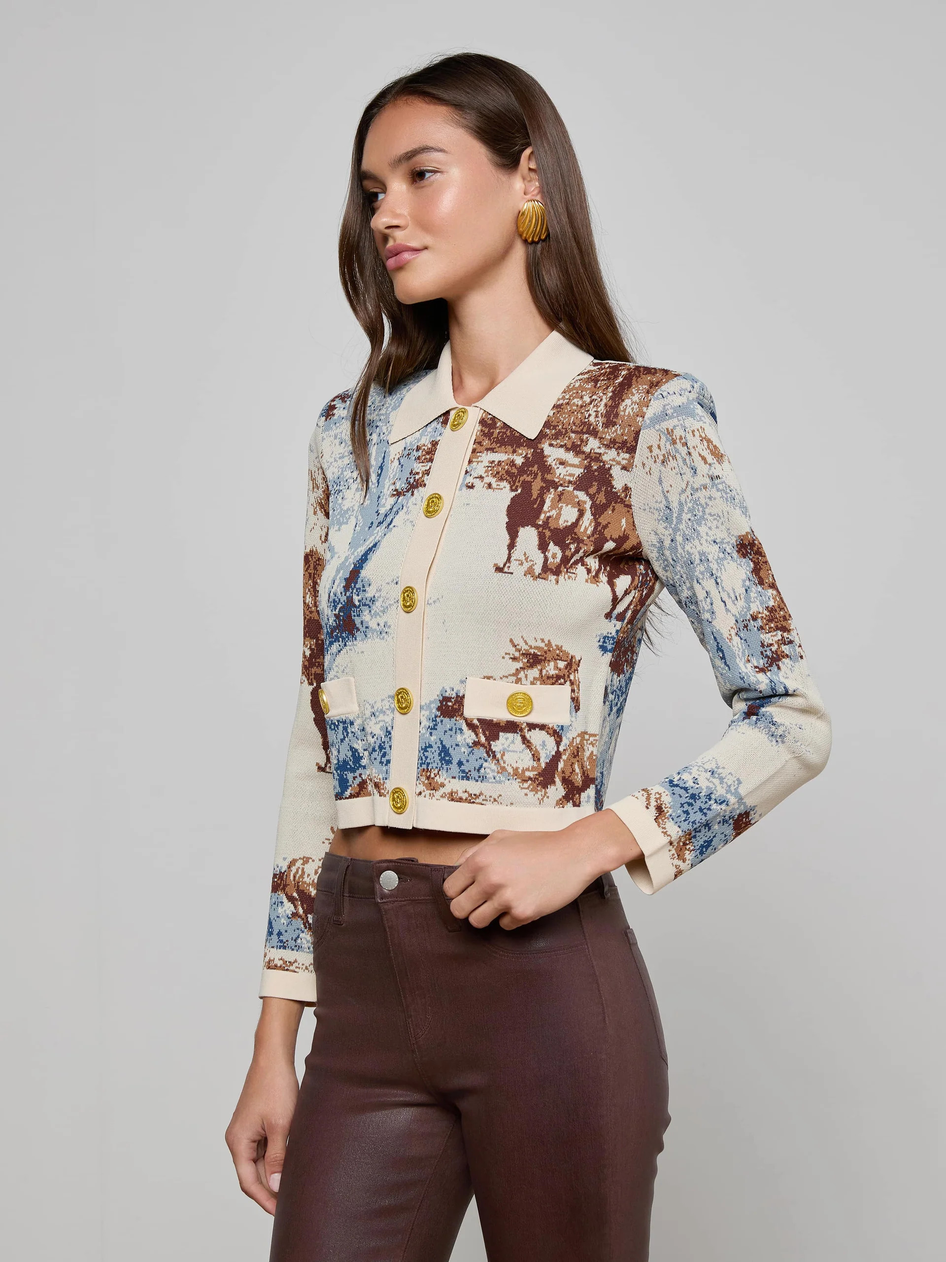 Osiris Jacquard Cardigan in Tan Multi Western Toile | L'AGENCE | L'Agence