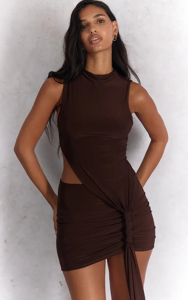 Chocolate Slinky Cut Out Ruched High Neck Mini Dress | PrettyLittleThing UK