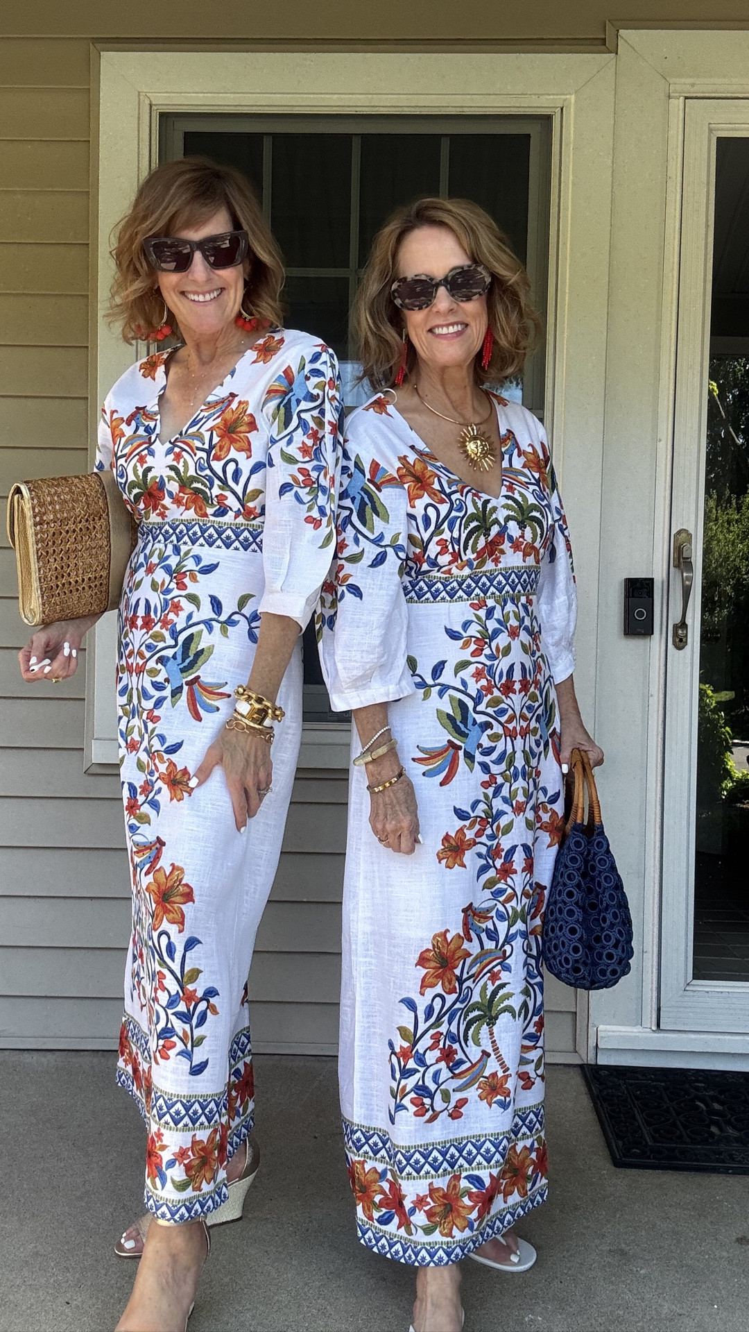 Looking for a great dress to wear this summer that’s lightweight, colorful and it has a great price point. This is it! We styled it two ways. Bev styled hers with  a gold wedge, gold clutch and bright coral earrings. Val has on a white sandal, blue purse, and a gold statement necklace. This is a dress that can be dressed up or down. Perfect for any summer occasion.

#LTKootd #LTKgrwm #LTKWedding