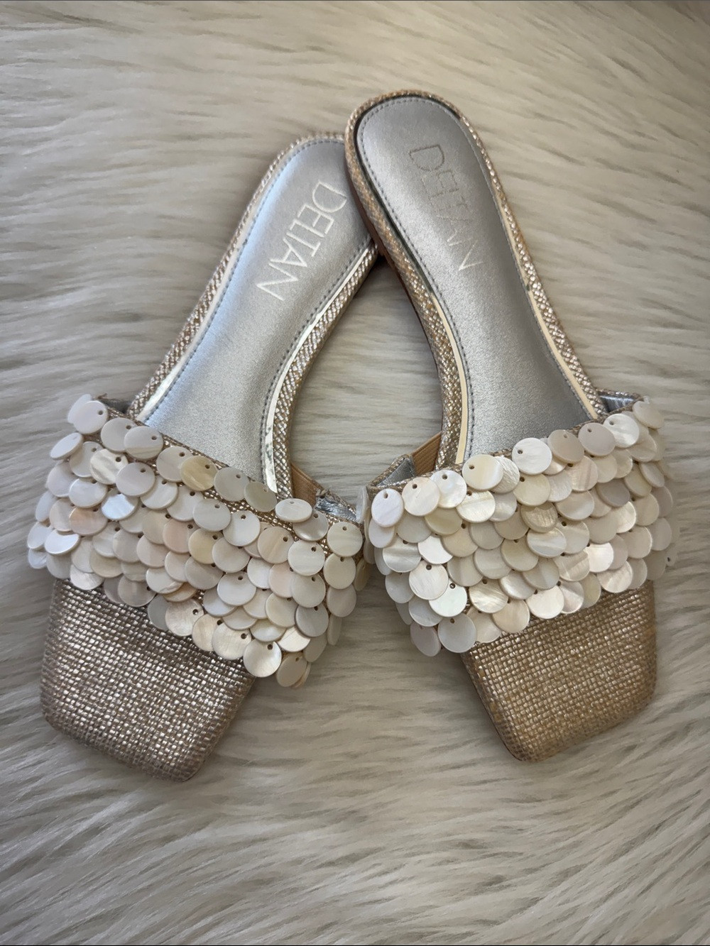 Deltan Flora Metallic Raffia Pearl Disc Ornament Ivory Flat Slide Sandals 8.5 | Poshmark