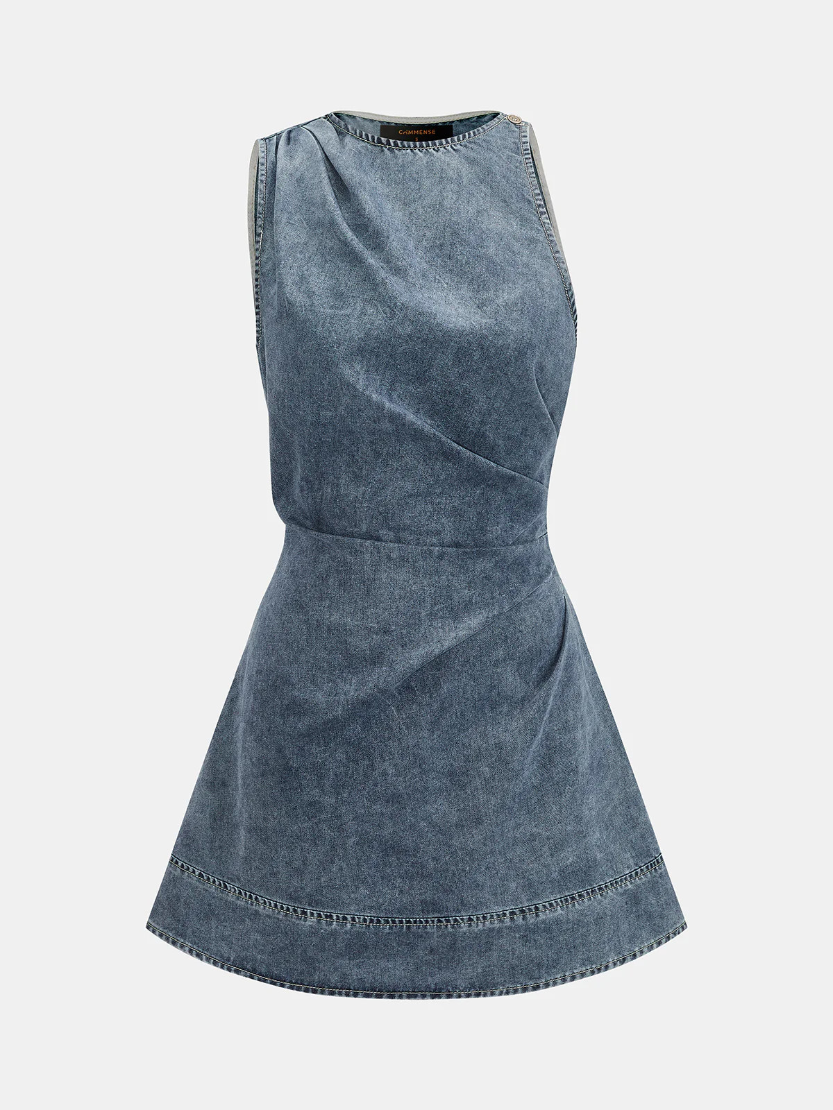 Ruched Sleeveless Asymmetric Denim Mini Dress | Commense