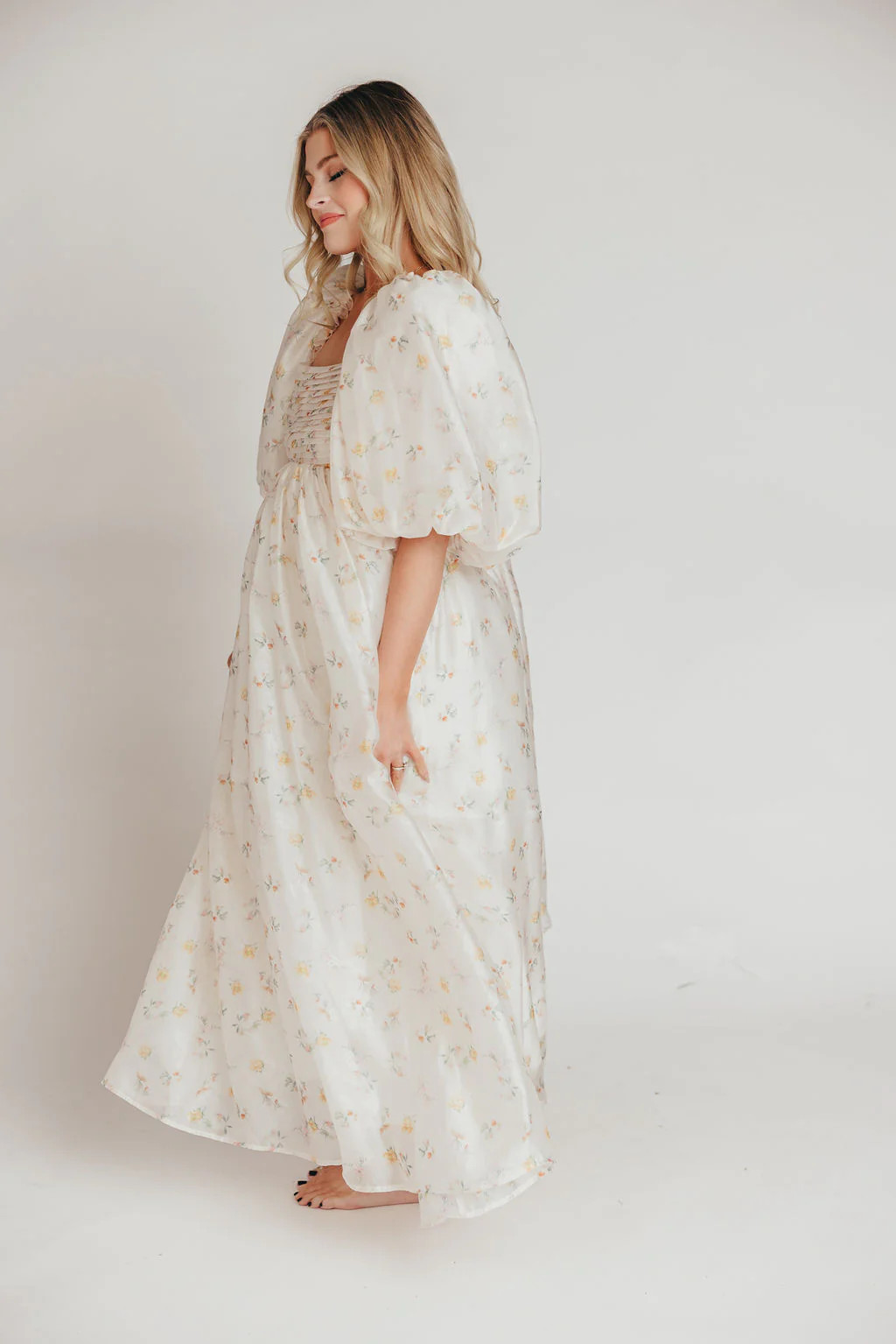 Melody Maxi Dress with Pleats and Bow Detail in Yellow Rose Floral - B | Worth Collective