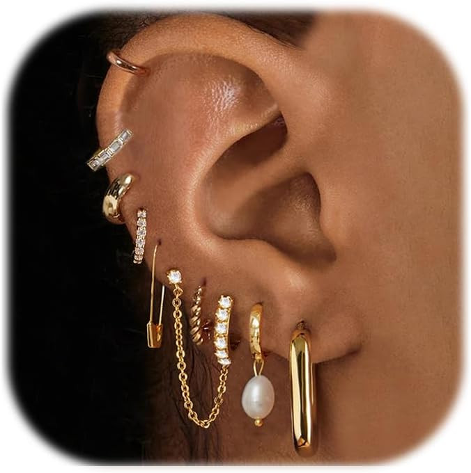 Gold Earrings Set for Women, 14K Gold Plated Stud and Cartilage Earring Sets for Multiple Piercin... | Amazon (US)