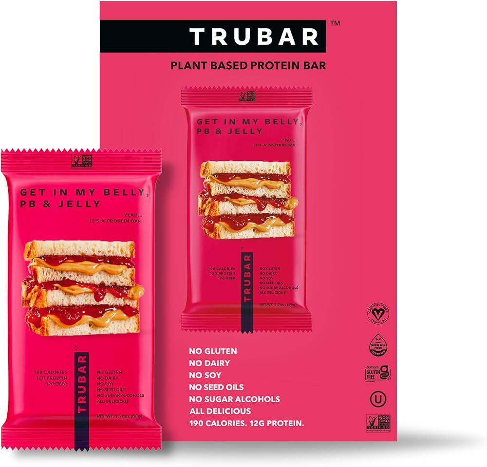 TRUBAR Vegan Protein Bar, Get In My Belly Pb & Jelly, Gluten Free, Plant Based, High Fiber, Dairy... | Amazon (US)