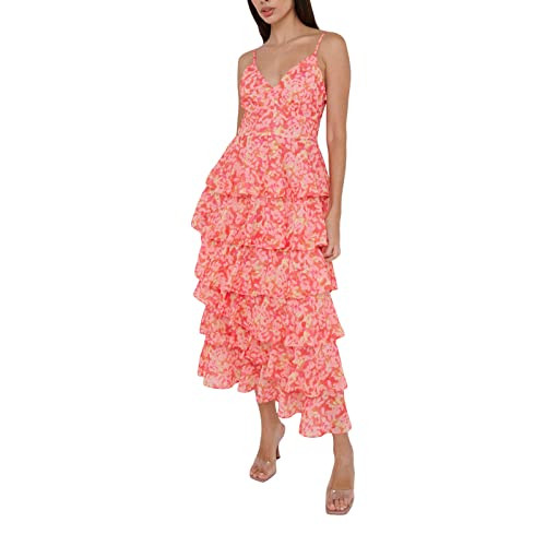 Chloefairy Sexy Women's Floral Cake Dress Sleeveless Ruffle Tiered V-Neck Summer Cami Maxi Dress Beach Party Clubwear (Pink, M) | Amazon (US)