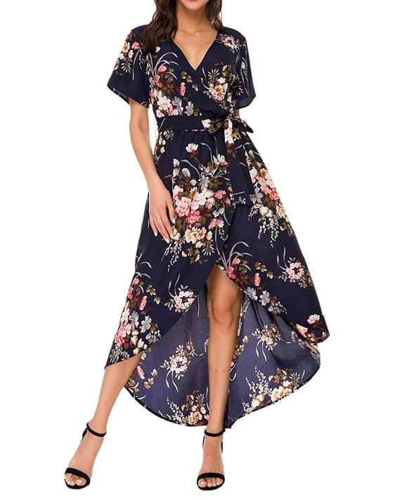 MINTLIMIT Women's Boho Deep V Neck Floral Wrap Split Long Maxi Dress with Belt | Amazon (US)
