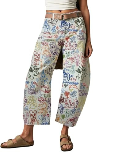 loveimgs Women Baggy Barrel Jeans Mid Rise Printed Denim Pants Wide Leg Jeans Boyfriend Y2k Patch... | Amazon (US)