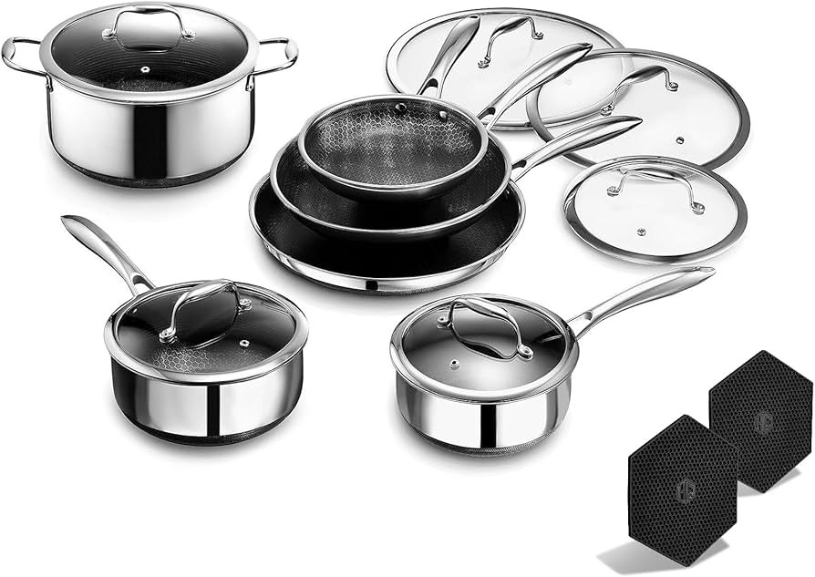 HexClad Hybrid Nonstick 14-Piece Cookware Set, 8", 10", and 12" Pans with Lids, 2, 3, and 8Qt Pot... | Amazon (US)