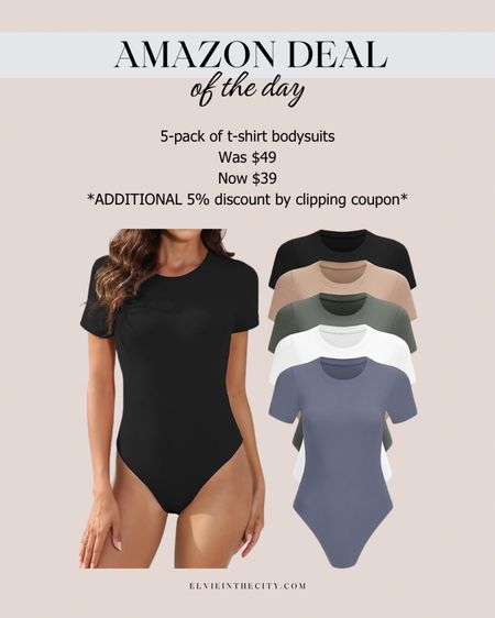This five pack of crewneck t-shirt bodysuits is 20% off, plus save an additional 5% by clipping the coupon. Comes in four different color combinations. 

Spring style, spring outfit idea, fashion over 40, amazon fashion, ootd

#LTKover40 #LTKsalealert #LTKfindsunder50