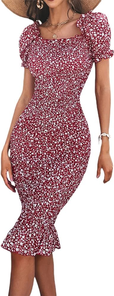 SheIn Women's Floral Shirred Puff Short Sleeve Midi Bodycon Dress Ruffle Frill Trim Square Neck Dres | Amazon (US)