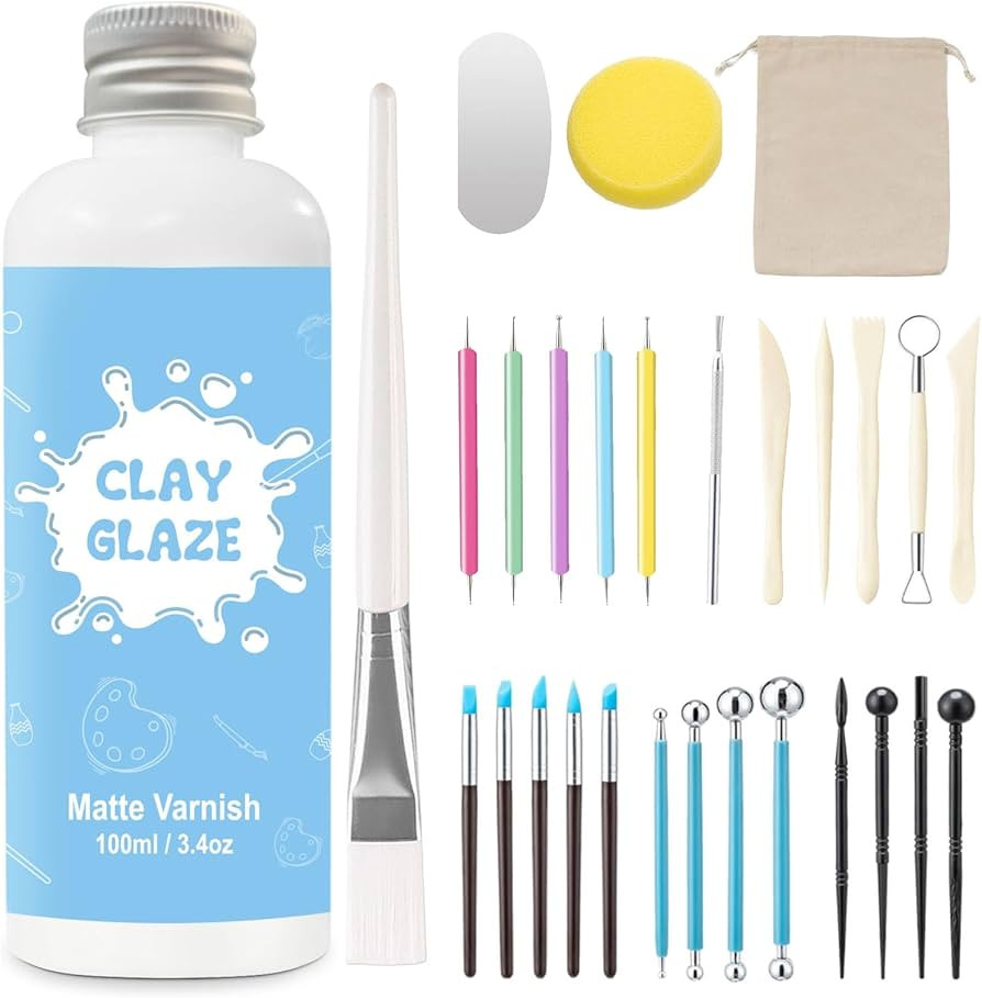 EIGTWEN 100ml Air Dry Clay Glaze and 29pcs Clay tools kit, Matte Clay Varnish Protects Clay from ... | Amazon (US)