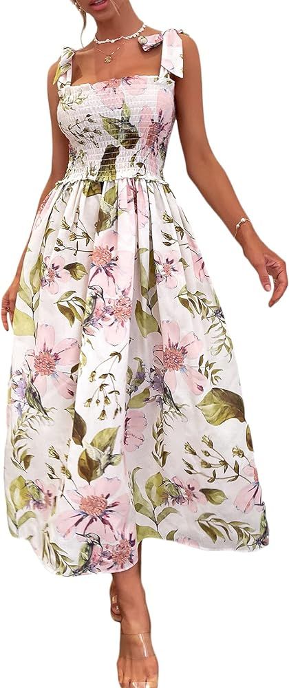 Floerns Women's Floral Print Tie Strap Square Neck Ruffle Boho Maxi Dress | Amazon (US)
