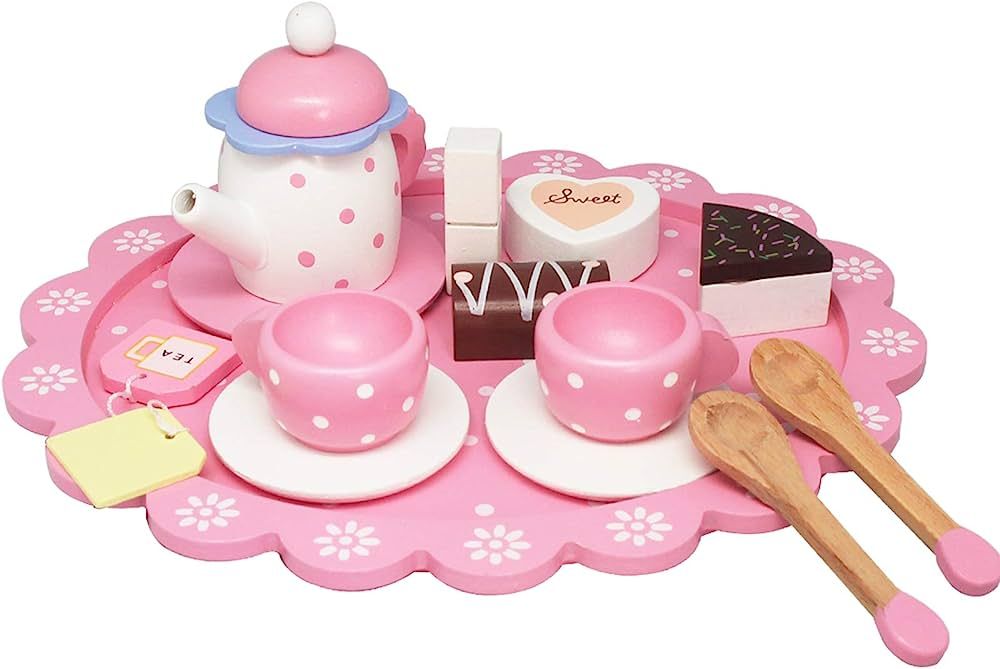 Wooden Tea Sets for Little Girls, Pretend Play for Toddlers Great Pink Party Set for 3, 4, 5 Year... | Amazon (US)