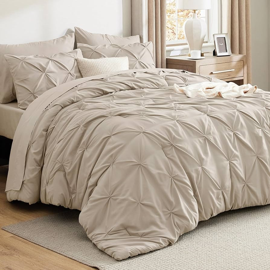Bedsure King Size Comforter Set Beige - Bed in a Bag Bedding Set 7 Pieces, GentleSoft™ Pintuck ... | Amazon (US)