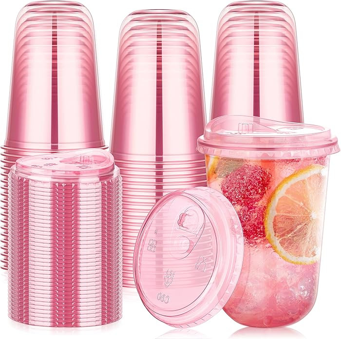 KesaPlan 50 Pack 16 oz Pink Plastic Party Cups with Sip Lids, Disposable Iced Coffee Cup with Lid, Round Bottom Stemless Glasses Drinking Cups for Valentine's Galentine's Bachelorette Party Holiday | Amazon (US)