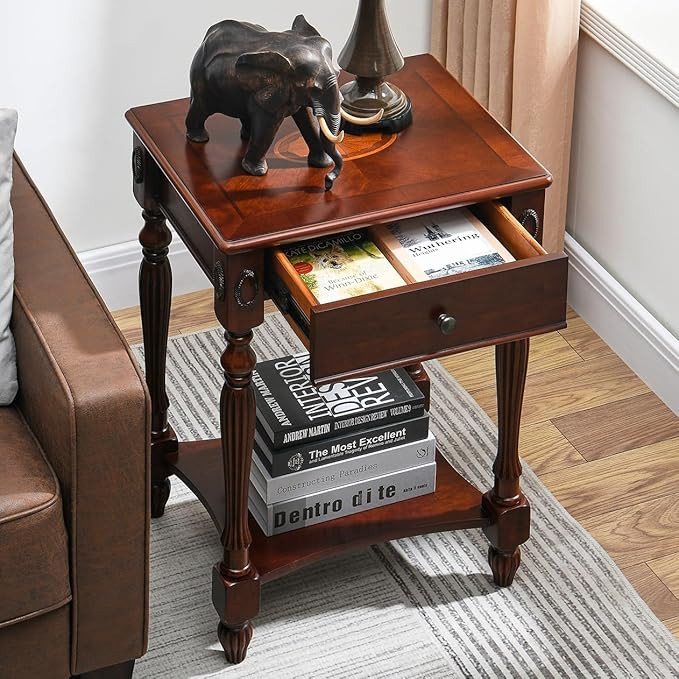 MODERION Solid Wood Side Table with Drawer and Storage Shelf, Traditional End Table, Narrow Telep... | Amazon (US)