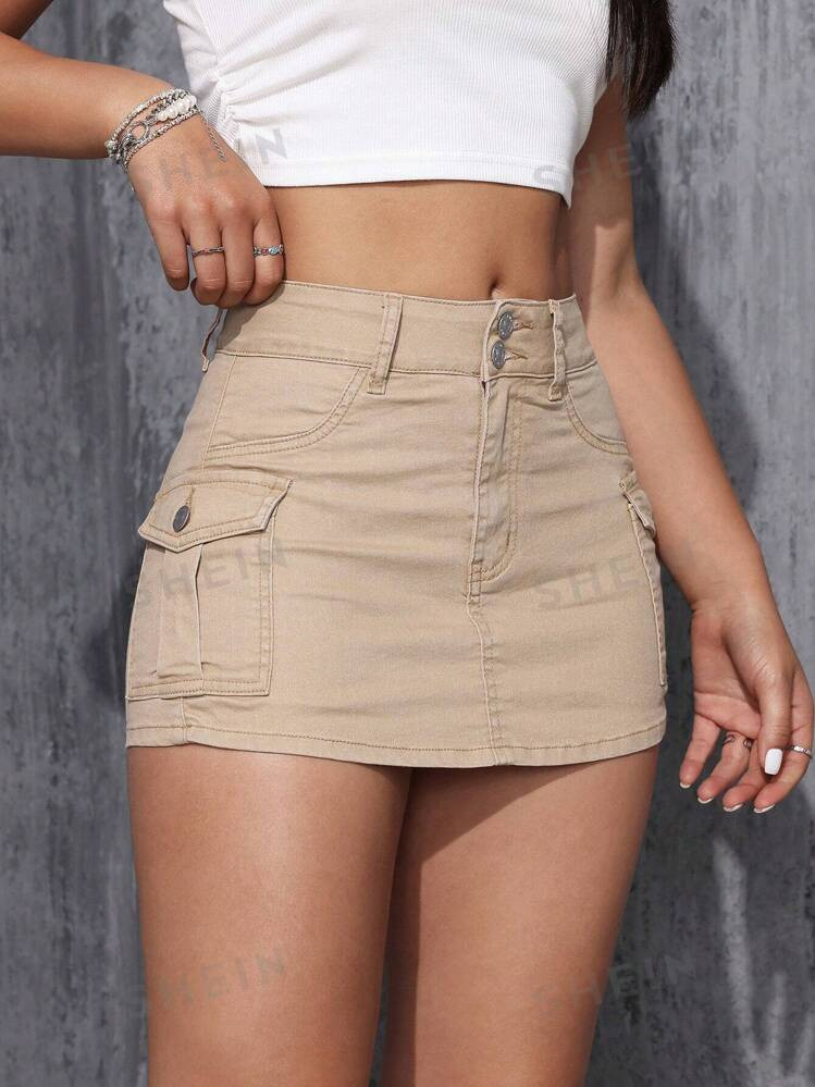 SHEIN EZwear Ladies' Monochrome Cargo Denim Skort | SHEIN