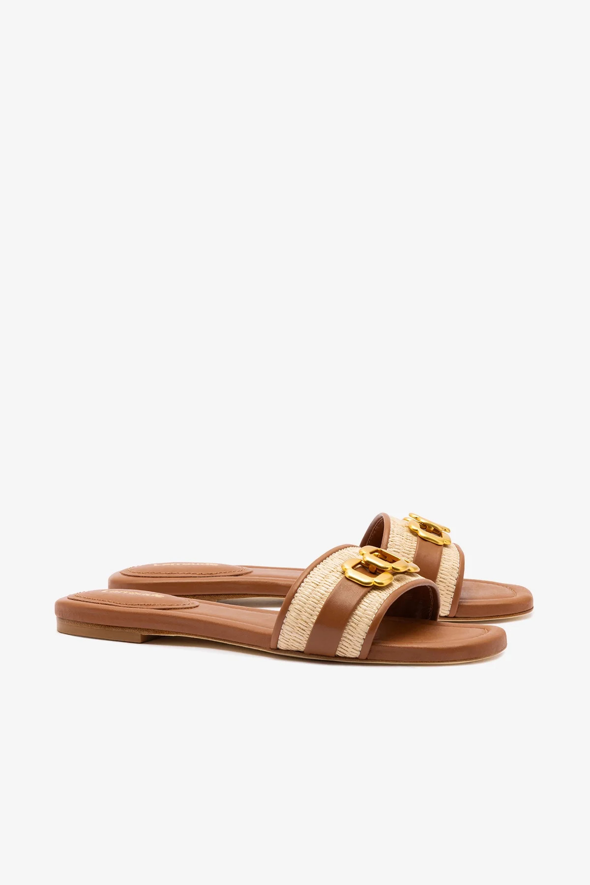 Franca Flat In Natural Raffia And Caramel Leather | Larroude