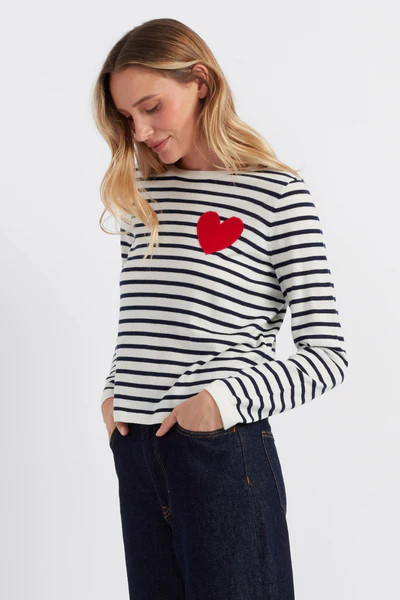 Cream-Navy Merino Heart Breton Sweater | Chinti & Parker