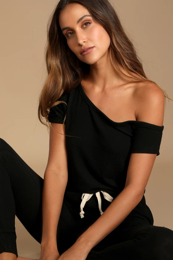 Relaxing Weekend Black Off-the-Shoulder Lounge Jumpsuit | Lulus