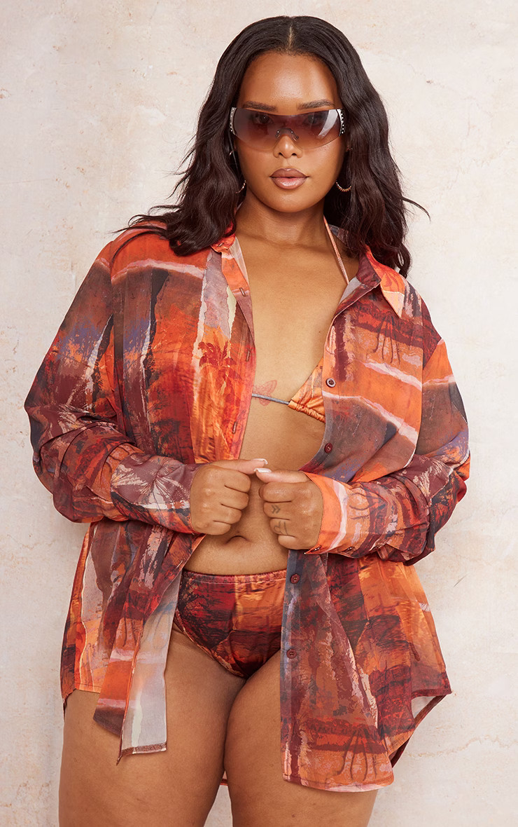 Plus Brown Abstract Printed Oversized Beach Shirt | PrettyLittleThing US