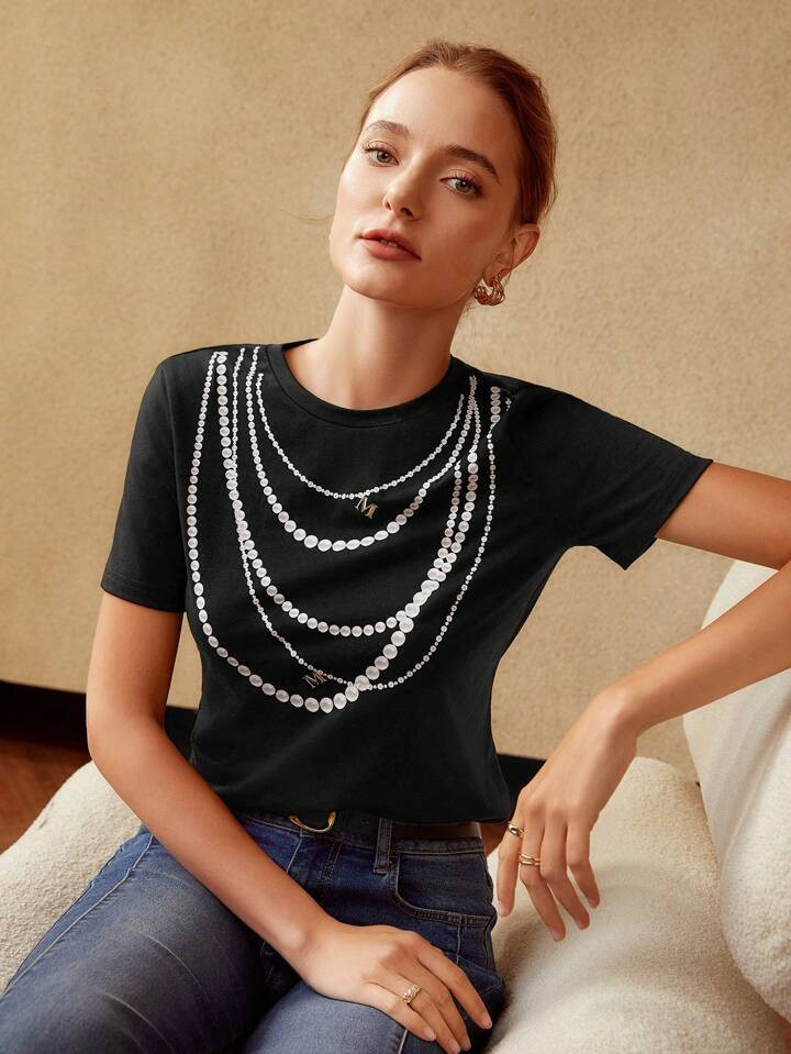 MOTF PREMIUM PEARL NECKLACE PRINT T-SHIRT | SHEIN