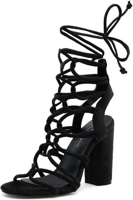 Shoe Land KYLER Women's Open Toe Lace Up Party Shoes Chunky Block Heeled Sandals | Amazon (US)