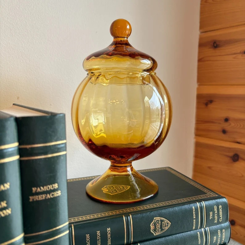 Vintage Empoli Italian Amber Glass Vessel With Tent Top Lid - Etsy | Etsy (US)