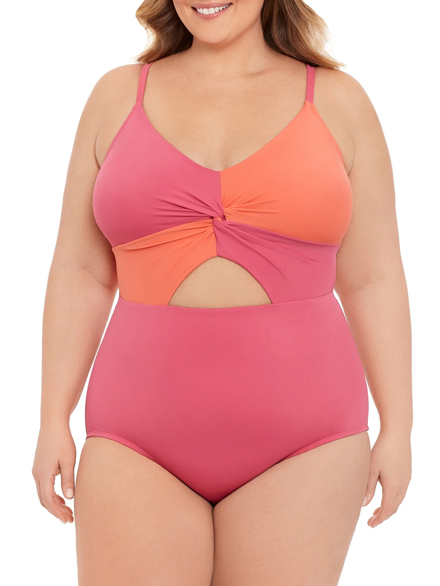 Time and Tru Women’s Rose Dust/Melon Juice Colorblock One Piece Swimsuit - Walmart.com | Walmart (US)