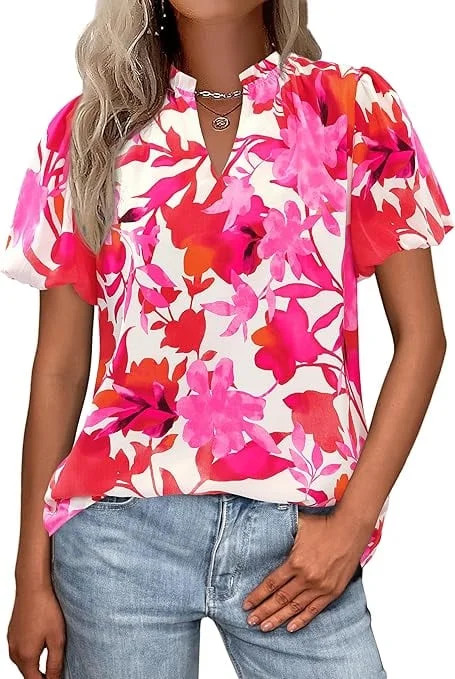 PRETTYGARDEN Boho Short Sleeve Floral Work Blouses for Women Dressy Casual V Neck Puff Sleeve Loo... | Walmart (US)