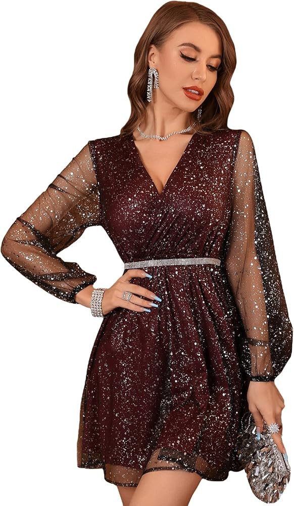 Floerns Women's Lantern Long Sleeve V Neck Mesh Cocktail Party Short Dress Without Belt | Amazon (US)