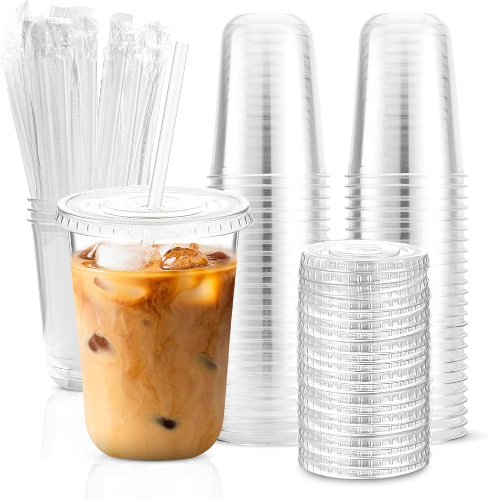 TINSKY 50 Sets Clear Plastic Cups with Lids and Straws, Disposable Iced Coffee Cups Drinking PET ... | Amazon (US)
