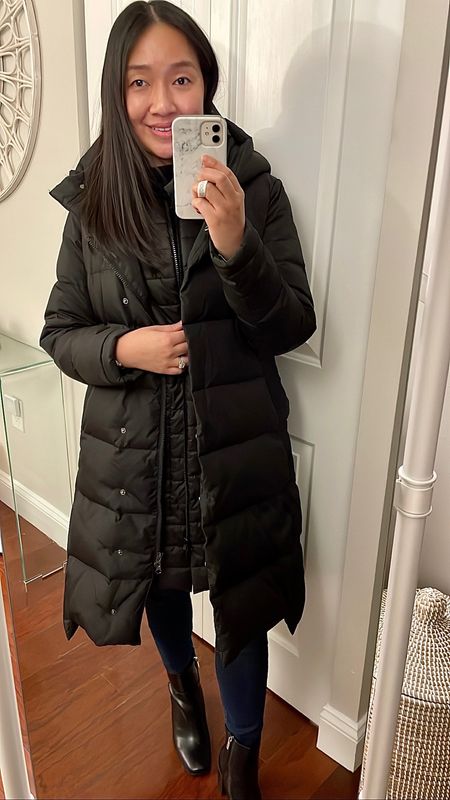 The vest is on sale for 25% off and the long puffer coat is now on sale for 30% off! 

The measurements of the long puffer coat from size XS are as follows: 16″ shoulders, 24.5″ sleeve length, 38″ bust, 40″ hips, 48″ along the bottom hem, 36″ total length in the front and 38″ total length in the back. I'm 5' 2.5" and 115 pounds. 

The measurements of the black vest taken from size XS are 36 inch chest, 38 inch hips, 34 inches total length. It’s a looser fit so you can layer comfortably underneath. I love the big patch front pockets in case I don’t want to carry a purse. There’s a 10 inch slit on both sides for ease of movement and it’s 40 inches around when measured at the top/start of the side slits.

Note: The booties are a full size larger for me. I took size 6 and usually wear size 7.

#LTKGiftGuide #LTKSeasonal #LTKsalealert