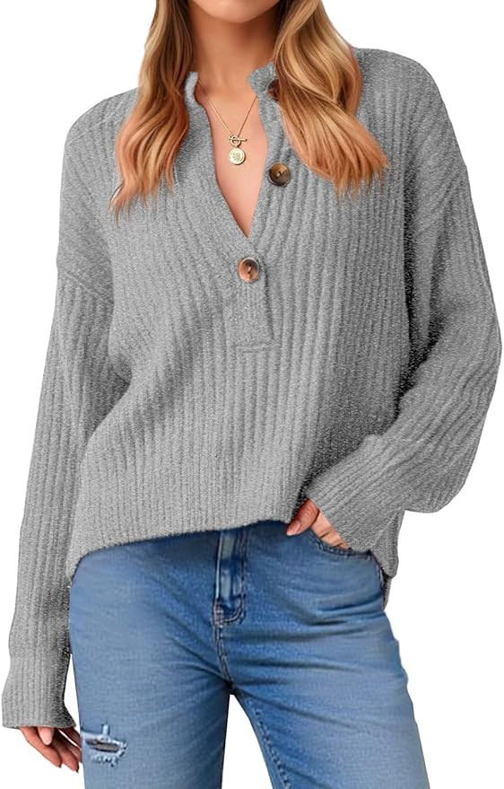 Saodimallsu Womens Henley Sweater Tops Fall Button Crew Neck Long Sleeve Trendy Loose Ribbed Knit... | Amazon (US)