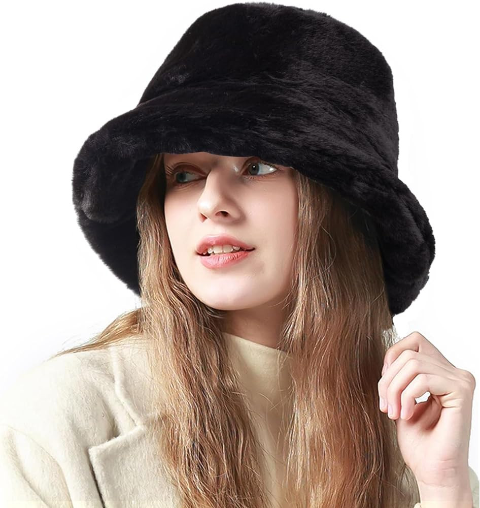 Fluffy Faux Fur Bucket Hat Winter Warm Hat for Women Men | Amazon (US)
