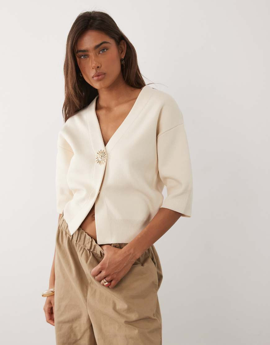 Mango compact knitted short sleeve cardigan with statement sunshine button in cream-Neutral | ASOS (Global)