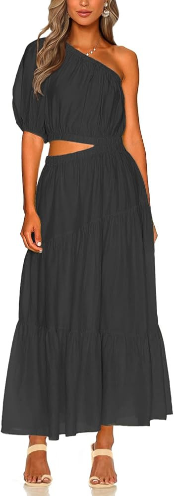 BTFBM Women Boho One Shoulder Maxi Dress Short Sleeve Cutout Elastic Waist Long Flowy Cocktail Pa... | Amazon (US)