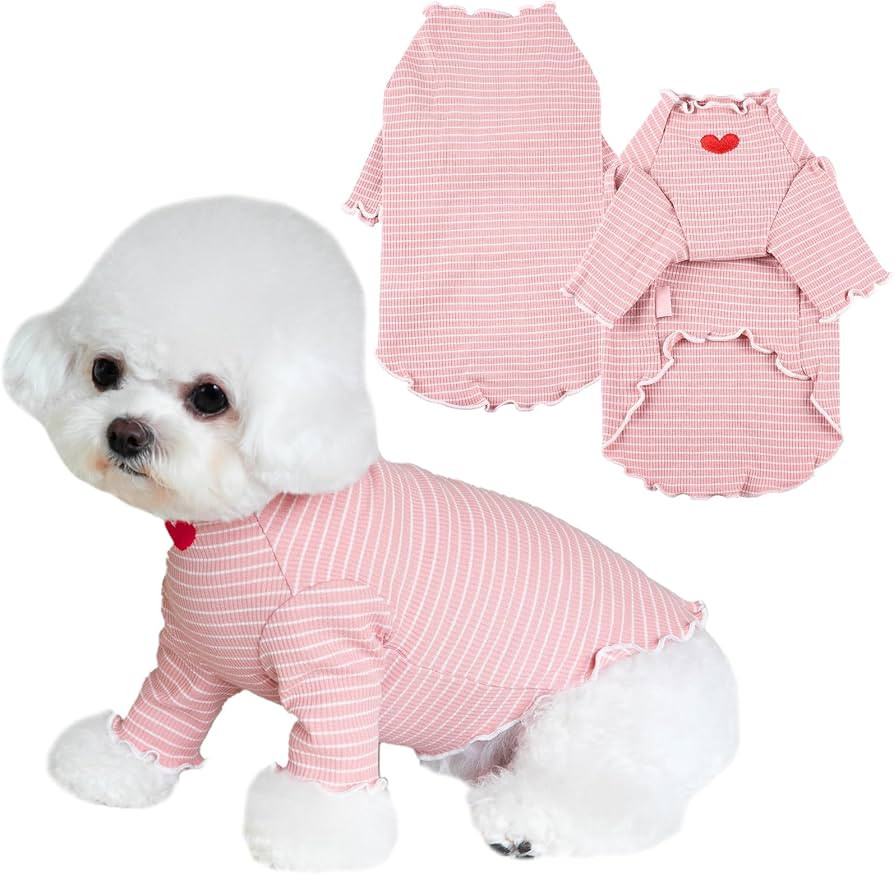 Dog Shirt for Small Medium Dogs Striped T-Shirt with Heart Embroidery Stretchable Ruffle Dog Clot... | Amazon (US)