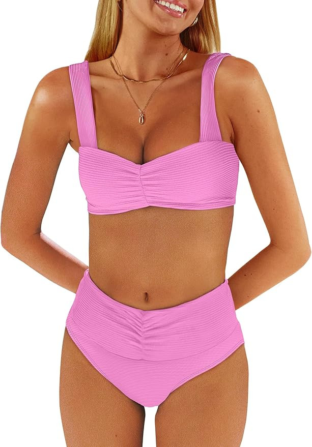 ANRABESS Bathing Suit for Women Tummy Control Bikini Set 2025 Beach Front Ruched Mid Waist Swimsu... | Amazon (US)