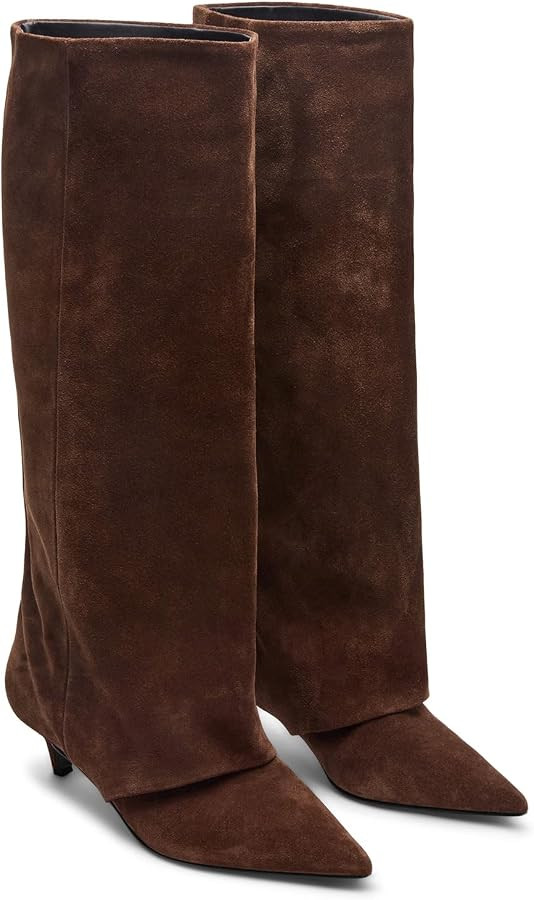 Coutgo Womens Wide Calf Knee High Boots Pointed Toe Kitten Heel Tall Boots | Amazon (US)