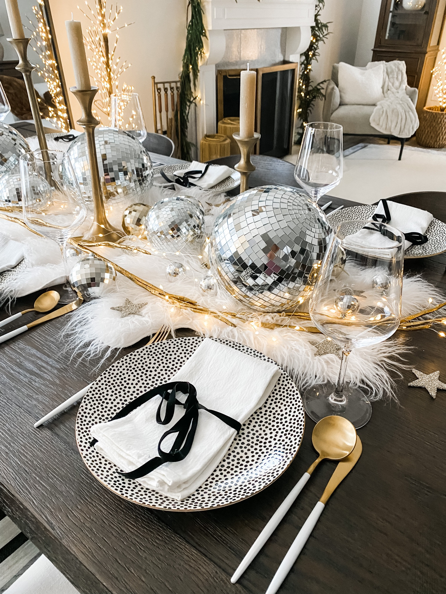 NYE Dinner Party✨

NYE table, New Years party, New Years dinner, table setting, disco balls, winter decor, spotted plates, gold flatware, candle sticks, taper candles, lit tree, accent chair

#LTKfamily #LTKHoliday #LTKhome