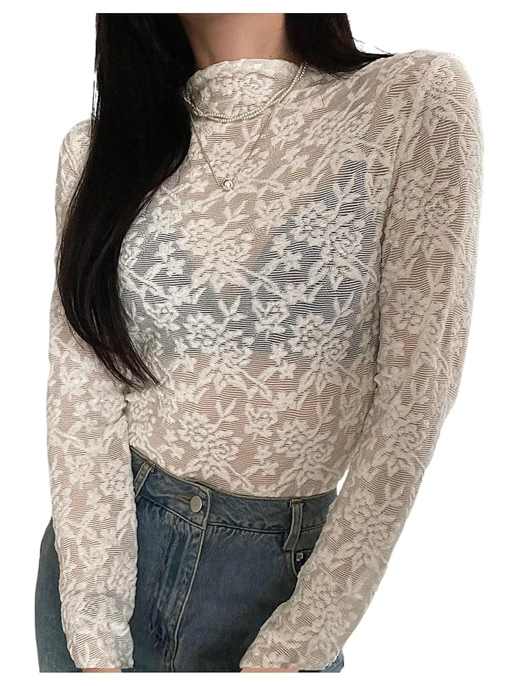OYOANGLE Women's Floral Lace Mesh Long Sleeve Tshirt Mock Neck Slim Fitted See Through Sheer Tops | Amazon (US)