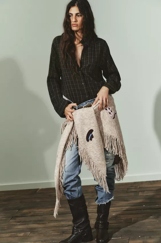 EMBROIDERED FRINGED SHAWL | Zara US