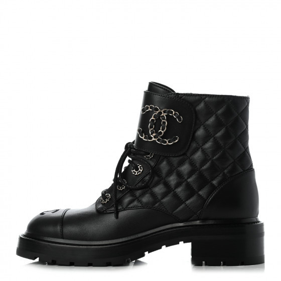 CHANEL

Shiny Goatskin Calfskin Quilted Lace Up Combat Boots 38 Black | Fashionphile