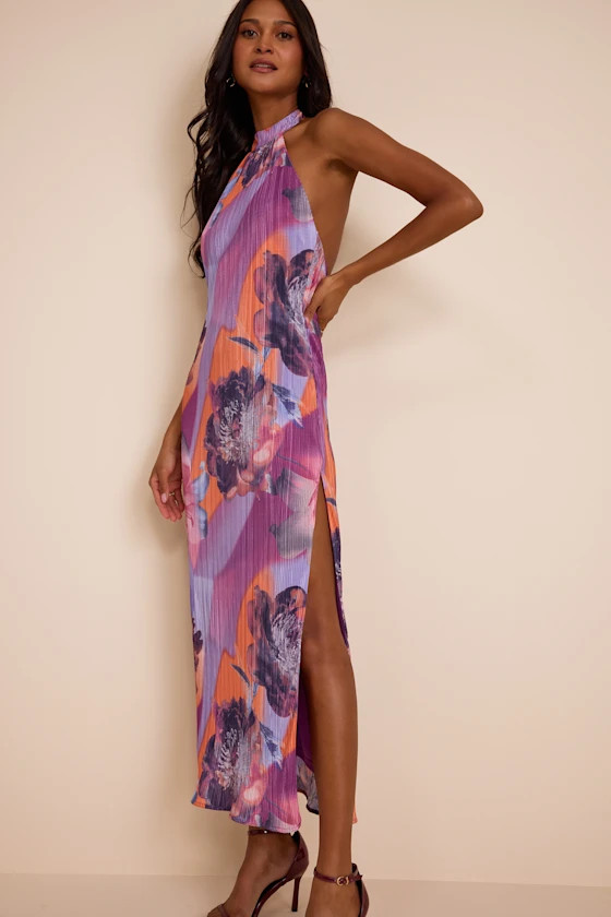Luala Purple Multi Print Plisse Backless Maxi Dress | Lulus