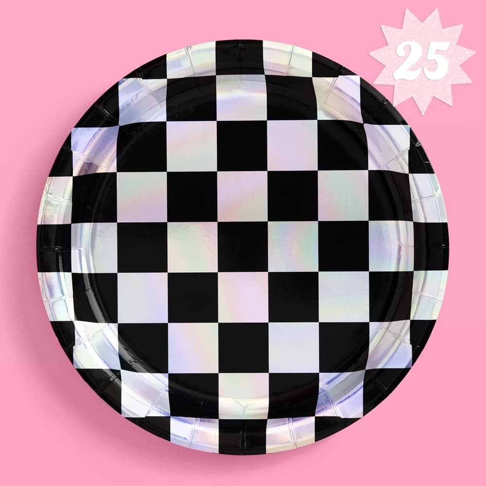 xo, Fetti Black and Iridescent Checker Paper Plates - 25 pack | Happy Birthday Party Decorations,... | Amazon (US)